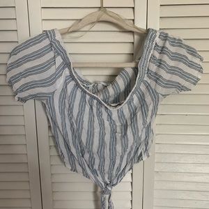 Crop top off the shoulder, blue and white stripped